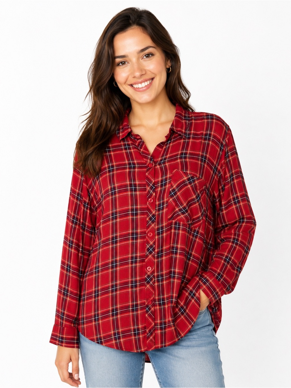 Plus Size 14W 0X Red Plaid Button Down Shirt Fall Grunge Christmas Cabincore